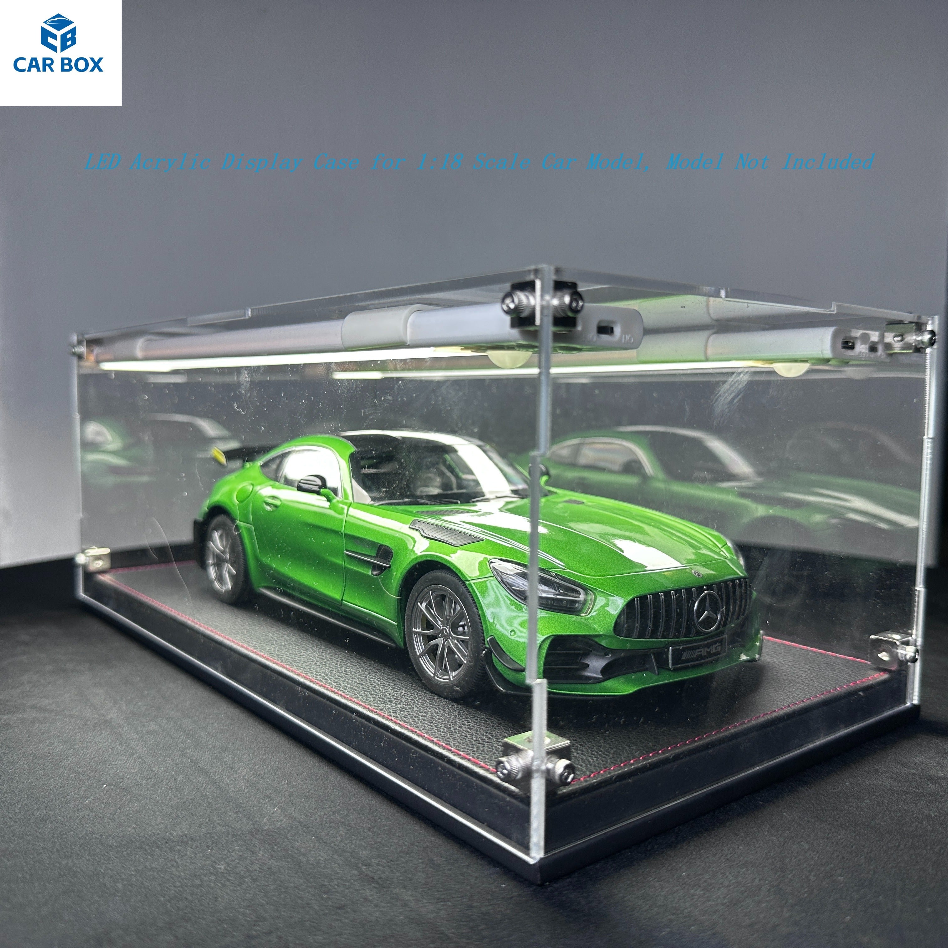 1:18 Scale Universal Car Model Display Case, Remote Control LED Lighting & Premium Leather Base