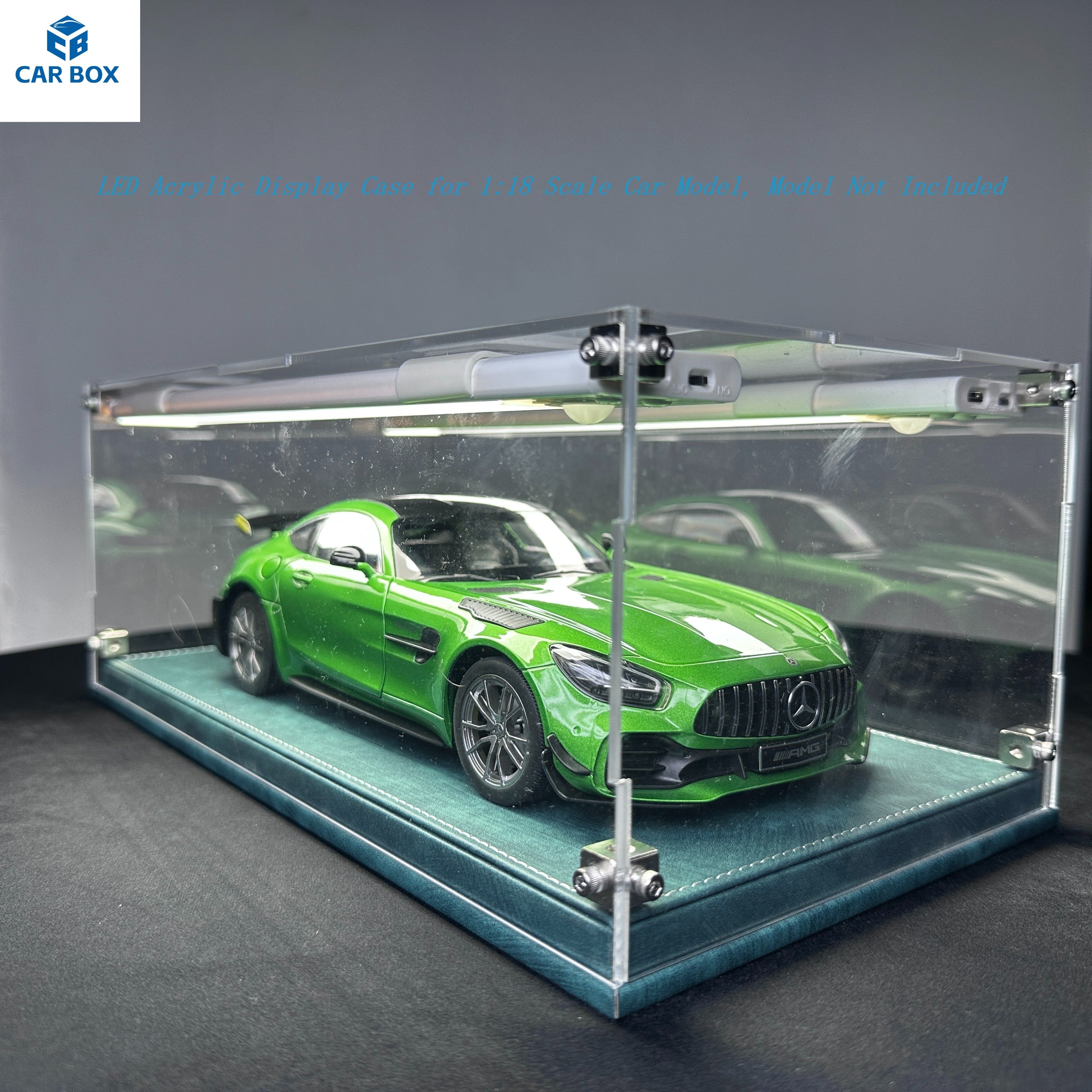 1:18 Scale Universal Car Model Display Case, Remote Control LED Lighting & Premium Leather Base
