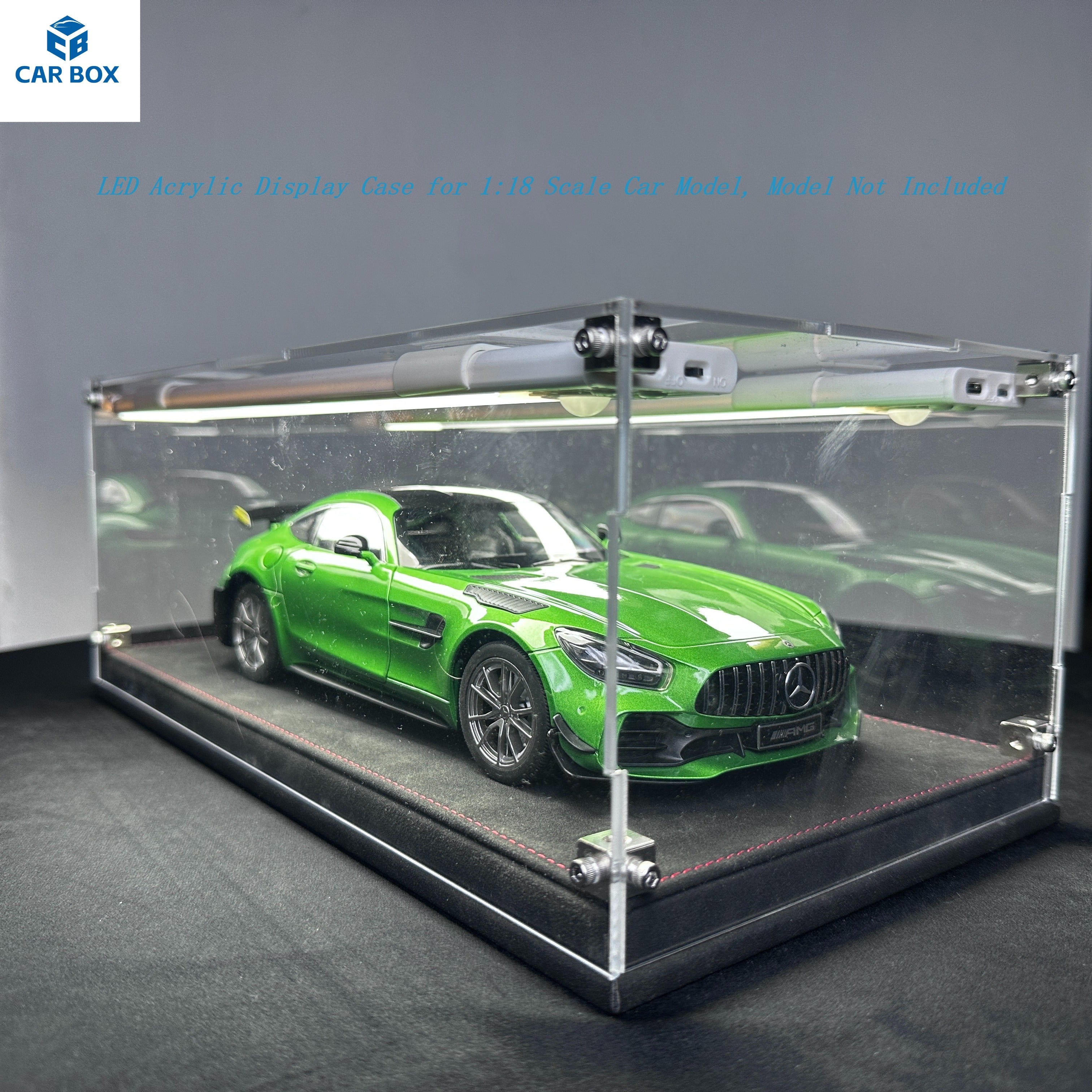 1:18 Scale Universal Car Model Display Case, Remote Control LED Lighting & Premium Leather Base