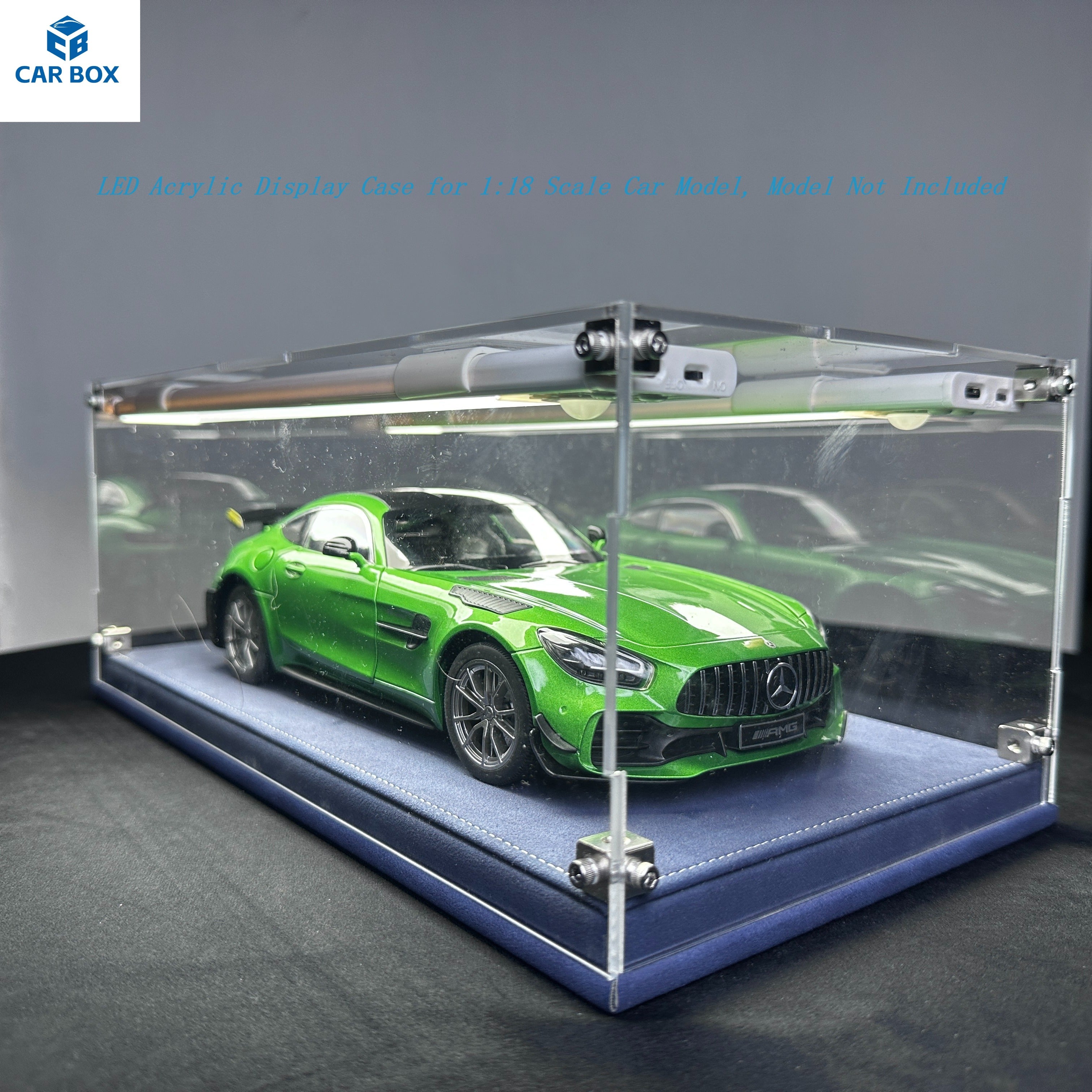 1:18 Scale Universal Car Model Display Case, Remote Control LED Lighting & Premium Leather Base