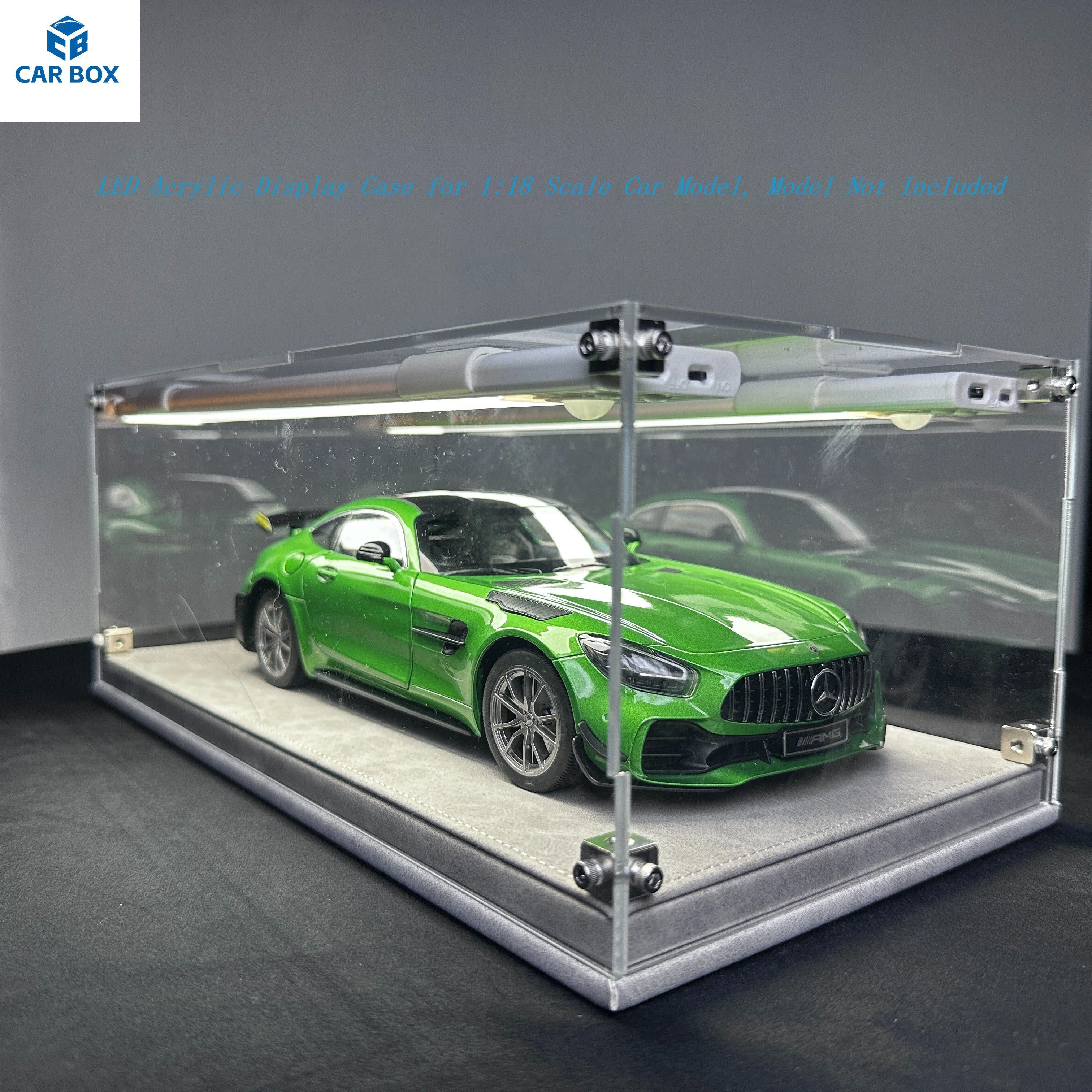 1:18 Scale Universal Car Model Display Case, Remote Control LED Lighting & Premium Leather Base