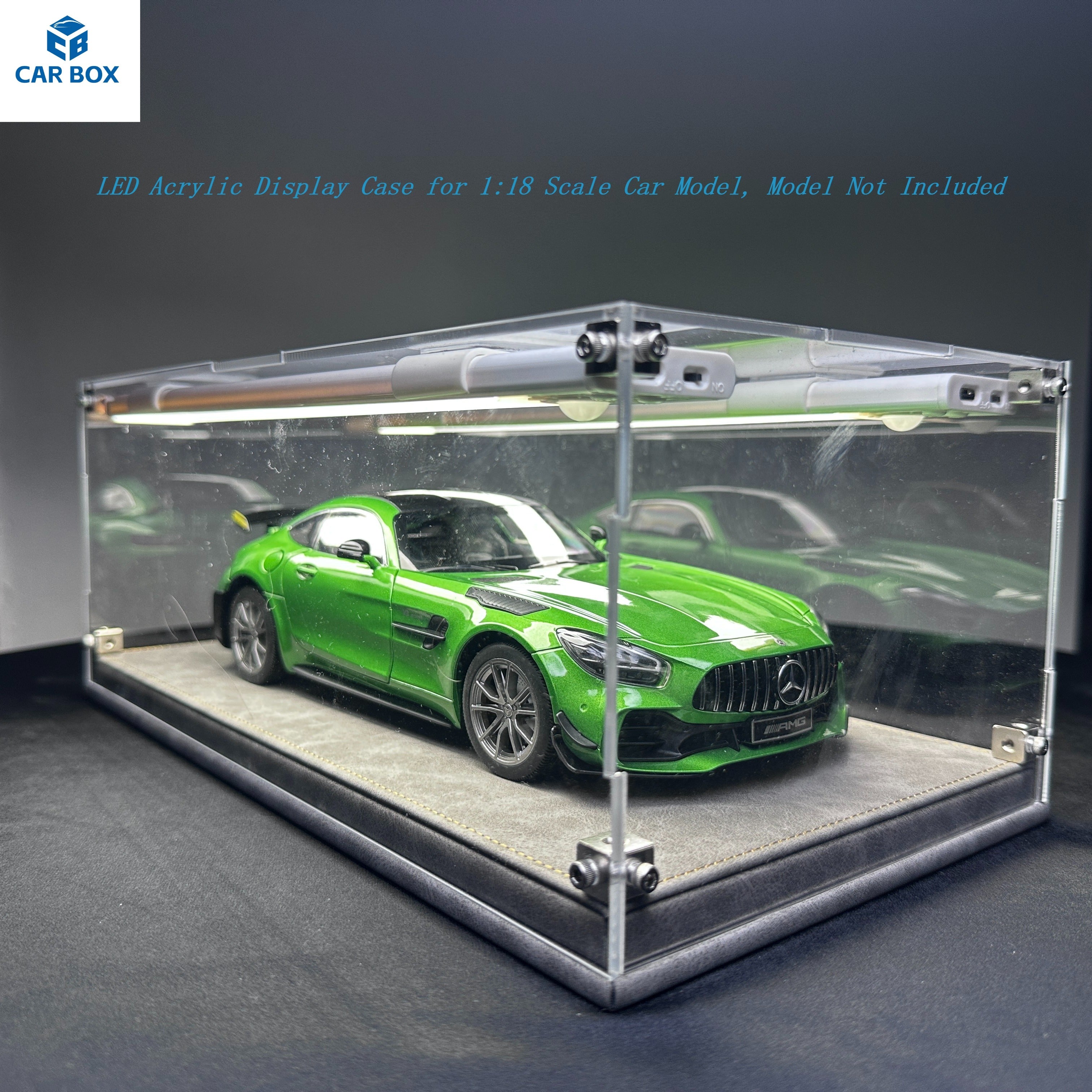 1:18 Scale Universal Car Model Display Case, Remote Control LED Lighting & Premium Leather Base