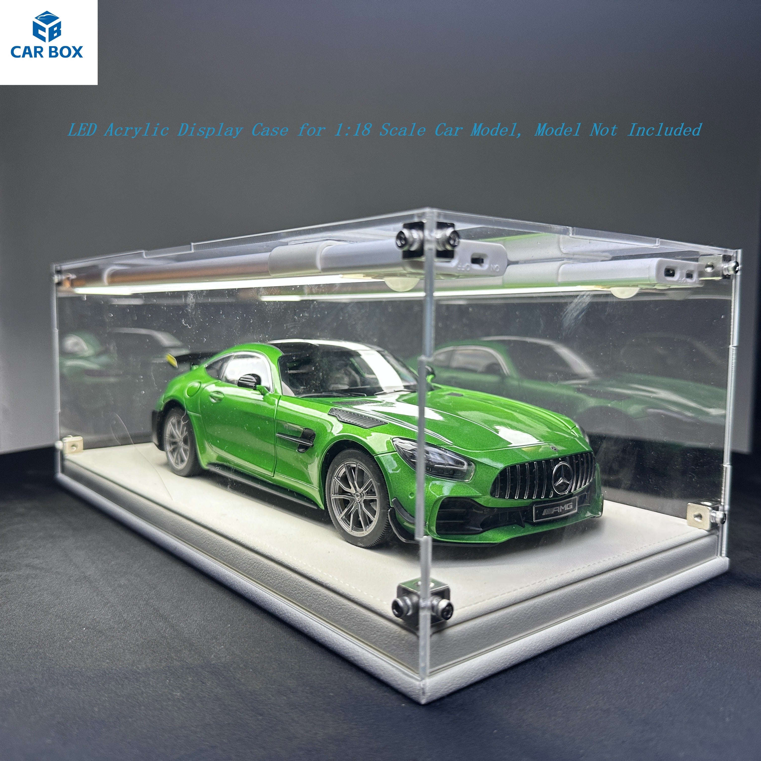 1:18 Scale Universal Car Model Display Case, Remote Control LED Lighting & Premium Leather Base